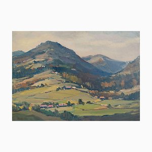 Janis Lauva, Paesaggio di montagna con villaggio, 1980, Olio su cartone