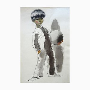 Gunars Vindedzis, A Boy with a Ball, 1969, Ink & Watercolor on Paper