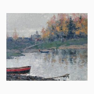 Oto Plader, Herbst am See, Öl auf Sperrholz, 1930er