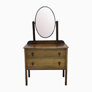 English Oak Dressing Table with Oval Beveled Mirror, 1930s