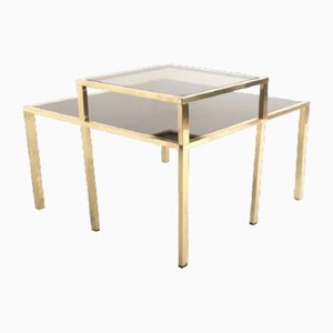 Postmodern Square Brass Coffee Table with Glass Shelf and Mirrored Top, Italy, 1980s