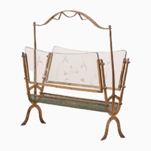 Vintage Golden Brass and Glass Magazine Rack from Maison Baguès