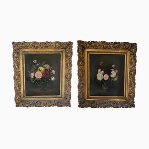 Federico González, Still Lifes with Flowers, 19th Century, Oil on Canvas Paintings, Framed, Set of 2