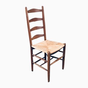 Juego de sillas de comedor belgas rústicas hechas a mano de roble y junco, años 50. Juego de 6