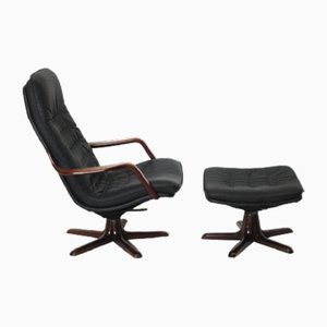 Vintage Danish Adjustable Armchair in Black Leather with Footstool, 1970s, Set of 2