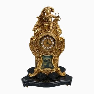 Horloge en Bronze Doré, Marbre Noir et Émail, 1960s