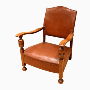 Low Beech Framed Leather Armchair, 1930s