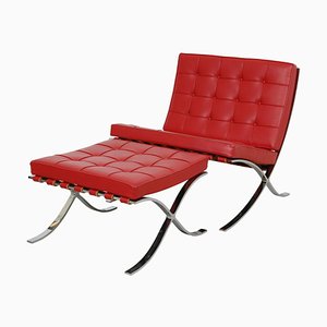 Set of Red Leather Barcelona Chair with Ottoman by Ludwig Mies Van Der Rohe