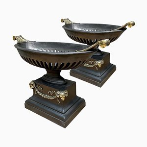 Regency Style Urn Fire Basket Grates in Cast Iron and Brass, 1900, Set of 2
