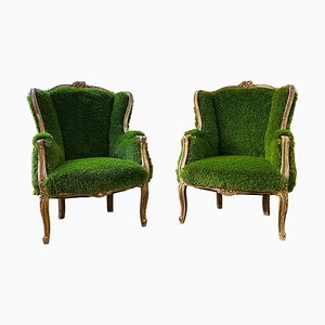 French Bergère Louis XV Style Chairs in Faux Grass, 1950, Set of 2