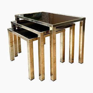 Tavolini ad incastro placcati in oro di Belgo Chrome, 1970, set di 3