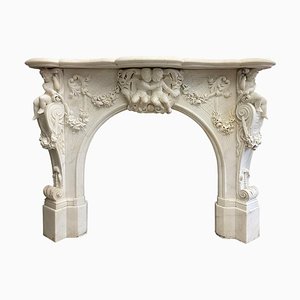 Antique Italian Statuary Baroque Style Fireplace Mantel in White Marble, 1850