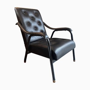 Mid-Century French Armchair in Saddle Stitched Leather