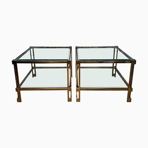 French Patinated Brass Two Tiered Side Tables, 1980, Set of 2