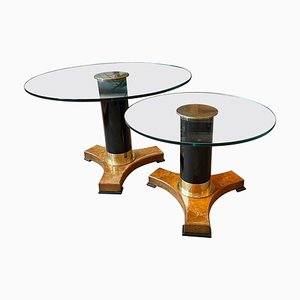 Gueridon Style Ebonized and Brass Circular Tables, 1980, Set of 2