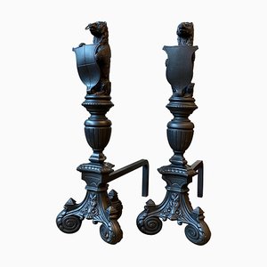 Tall Antique Fire Dogs in Cast Iron, 1890, Set of 2