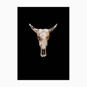 Crâne à Cornes, 2015, Feuille d'Or sur Panneau de Verre Noir