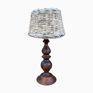 Lampada in legno con paralume in lino, anni '50