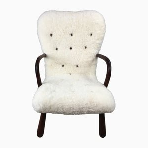 Danish Clam Chair in Sheepskin from Skive Mobelfabrik, 1950s