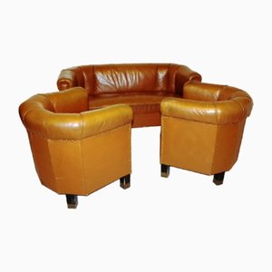 Leather Sofa and Club Chairs in the Style of Josef Hoffmann, 1900s, Set of 3
