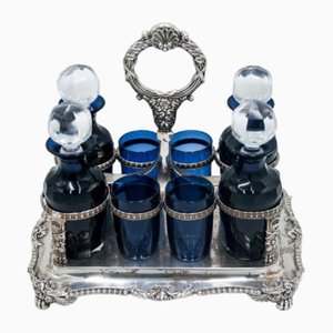 19th Century English Cobalt Decanters in Silver, Set of 5