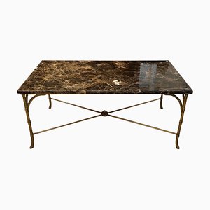 Faux Bamboo and Brass Coffee Table with Marble Top, 1960s