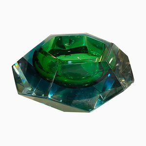 Cuenco modernista grande de cristal de Murano facetado verde y azul de Seguso, años 70