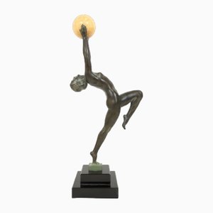 Dancer Sculpture with a Jade Ball by Max Le Verrier, JEU, Spelter & Marble, Art Deco Style