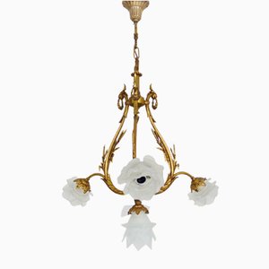 Vintage Chandelier in Bronze with Four-Burner Glass Tulips, 1970s