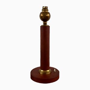 Mid-Century French Red Leather and Brass Table Lamp