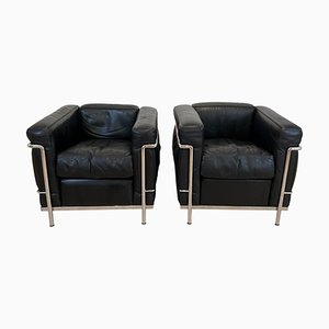 LC2 Petit Comfort Armchairs in Chromed Frame and Black Leather by Le Corbusier, 1975, Set of 2