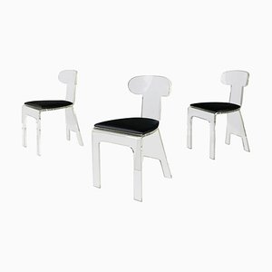 Italian Modern Chairs in Thick Transparent Acrylic Glass and Black Skai, 1980s, Set of 3