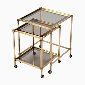 Brass Mirrored Border Nesting Tables with Glass Top from Maison Jansen, 1970s, Set of 2