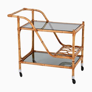 Mid-Century Bamboo Rattan, Glass Rectangular Serving Trolley, Italy, 1960s