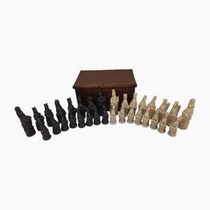 Vintage Chess Set in Carved Wood, 1970s, Set of 16