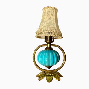 Lampe de Bureau Palmier Vintage en Laiton avec Céramique Bleue