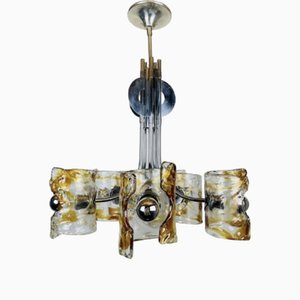 Mid-Century Amber Murano and Chrome Chandelier by Toni Zuccheri for Mazzega, Italy, 1970s