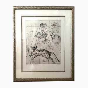 Moreh Mordecai, Woman with Cats, 20th Century, Engraving, Framed