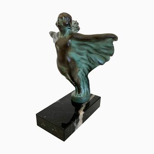 EOLA, Radiator Mascot, by Max Le Verrier, Spelter & Marble, Sculpture in Art Deco Style