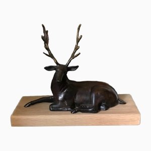 Large Vintage Bronze Sculpture of a Sitting Deer, France, 1975