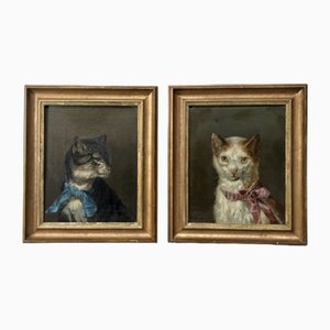 Cat Portraits, 1800s, Oil on Canvas Paintings, Framed, Set of 2