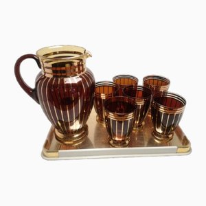 Lemonade Pitcher and Glasses in Brown Glass with Gilt Decor, 1960s, Set of 8