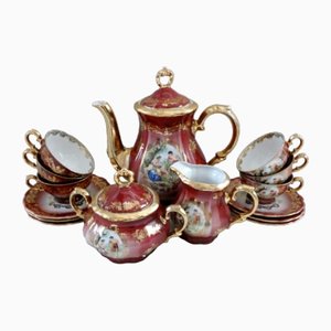 Mid-Century Burgundy and Gold Porcelain Coffee Service, 1950s, Set of 15