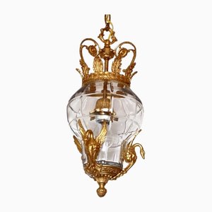 Empire Carved Glass and Gilded Bronze Lantern with Crown and Swans, 1890s