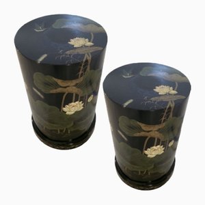 Column-Formed Black Lacquered Side Tables with Flower and Bird Drawings, 1980s, Set of 2