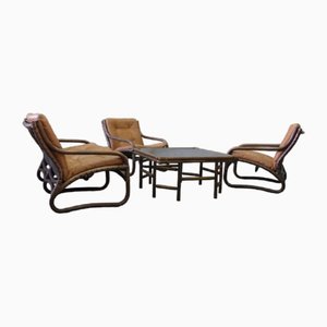 Rattan & Leather Italian Sofa, Armchairs and Table, Italy, 1970s, Set of 4