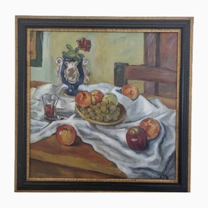 Spanish School Artist, Still Life with Fruit & Flower Vase, 1980s, Oil on Canvas, Framed