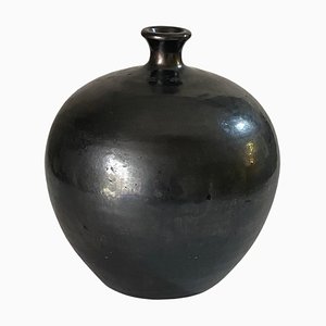 Black Wrought Iron Vase with Black Glaze, France, 1950s