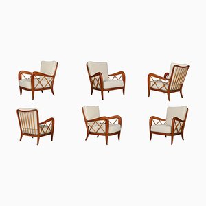 Walnut and Teddy Fabric Armchairs Attributed to Paolo Buffa, Italy, 1950s, Set of 6