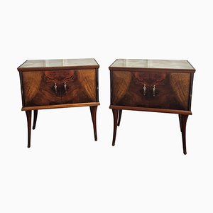 Italian Art Deco Walnut Bedside Tables with Glass Tops, 1950s, Set of 2